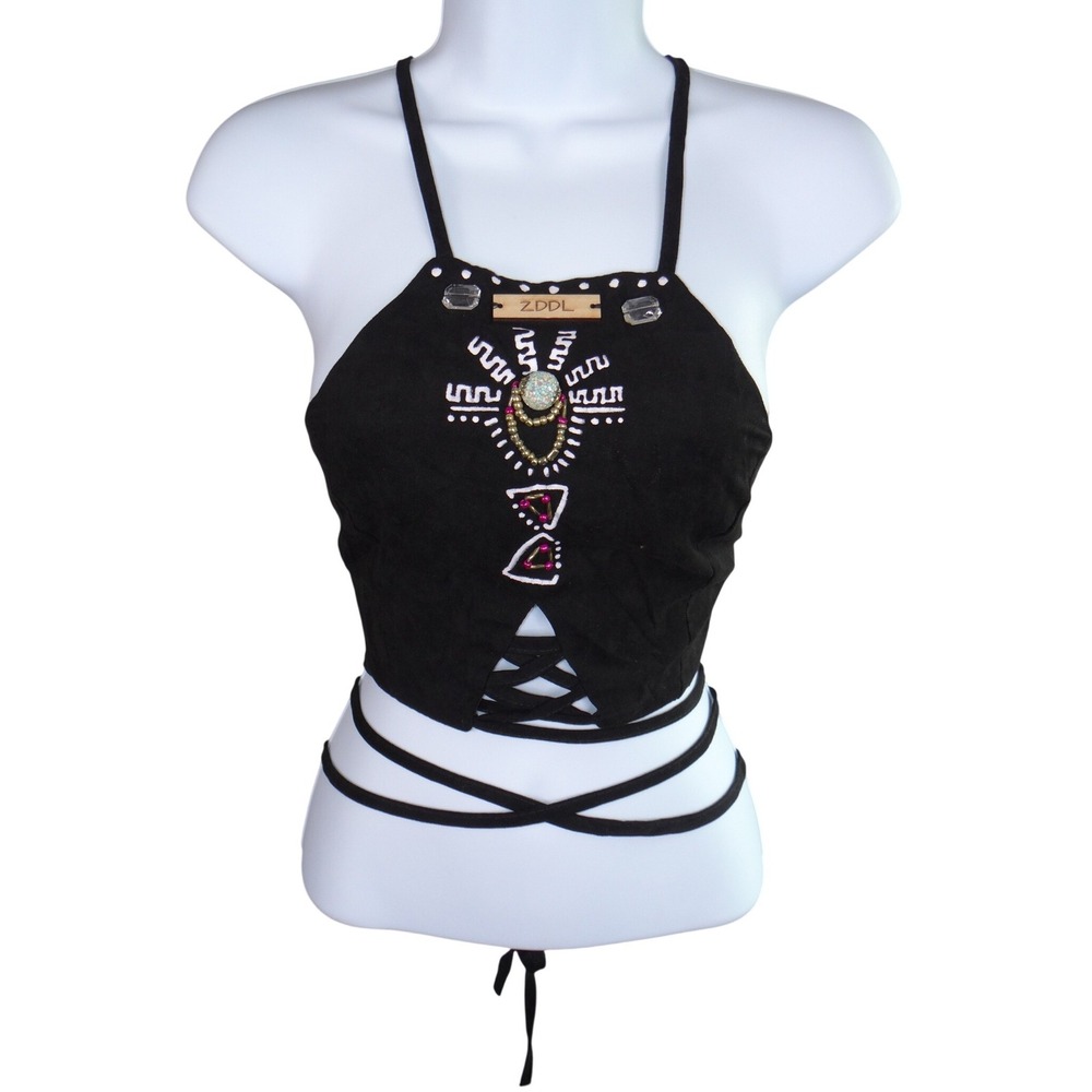 ZDDL Black Tribal Embroidered Embellished Wrap Halter Crop Top Festival Rave S/M